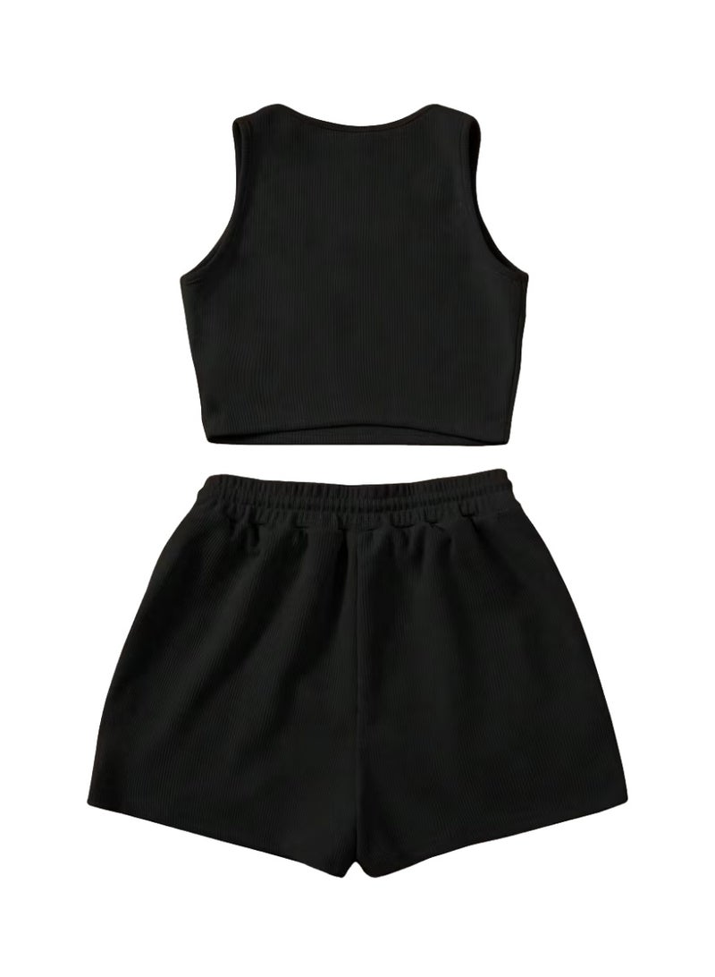 Nileton Women’s Ribbed Crop Tank Top and High-Waisted Shorts Set Casual Lounge and Workout Wear - Scoop Neck Top and drawstring shorts set For women - Image 2